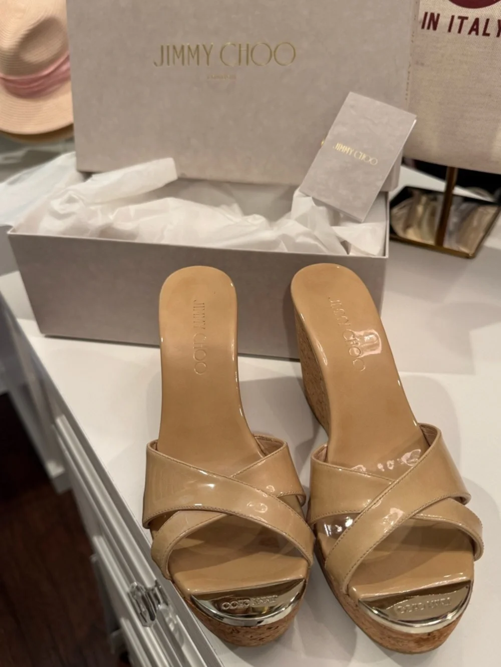 Jimmy Choo Beige Patent Leather Platform Wedge Sandals - Size 37.5 - Picture 1 of 5